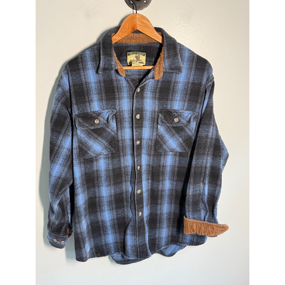 Field & Stream Mens XL Thick Flannel Shirt Blue Black Plaid Corduroy Trim Heavy